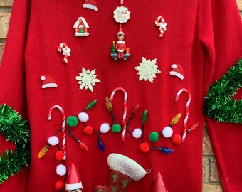 Elf on a Shelf Funny Festive Tacky Christmas Sweater Mens Size Small Lights up