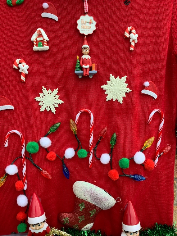 Elf on a Shelf Funny Festive Tacky Christmas Sweater Mens Size Small Lights Up Etsy UK