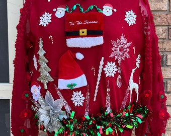 Christmas Tacky Ugly Sexy Cropped Red Xmas Sweater Womens Medium Lights Up