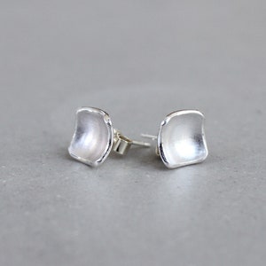 May include: A pair of silver earrings with a square shape and a slightly curved surface.