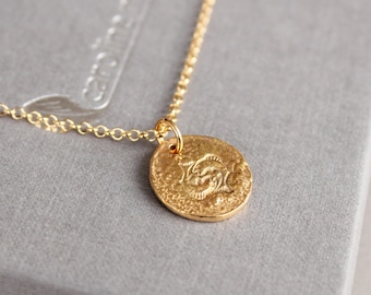 Pisces necklace, gold pisces,  Pisces pendant, vermeil coin, gold on silver, zodiac charm, textured gold charm, fish pendant, March birthday