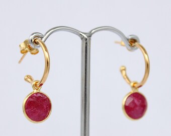 Ruby earrings, gold and ruby earrings, huggie ruby earrings, ruby huggies, ruby dangle earrings, july birthstone, july birthday