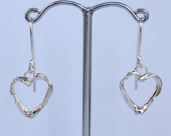 Silver heart dangle earrings, organic heart earrings, Silver twig earrings, fused silver, irregular earrings, mismatched earrings