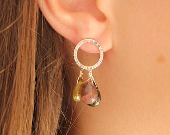 Tourmaline and silver dangle earrings, tourmaline earrings, tourmaline beads on halo studs, multi colour tourmaline jewellery, gift for mum