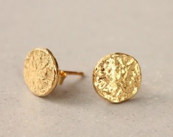 Gold stud earrings, gold coin earrings, textured gold earrings, vermeil stud earrings, gold on silver earrings, round gold earrings