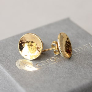 Gold stud earrings, vermeil earrings, round gold studs, hammered disc earrings, silver on gold earrings, circle stud earrings