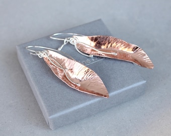 Statement copper and silver earrings, leaf earrings, mixed metal earrings, large leaf earrings, large metal earrings, copper dangle earrings