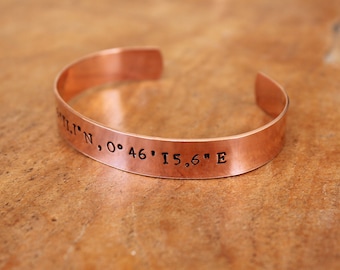 Coordinates cuff, personalised copper bracelet, personalised copper cuff, hand stamped cuff, gift for best man, gift for groom, gift for men