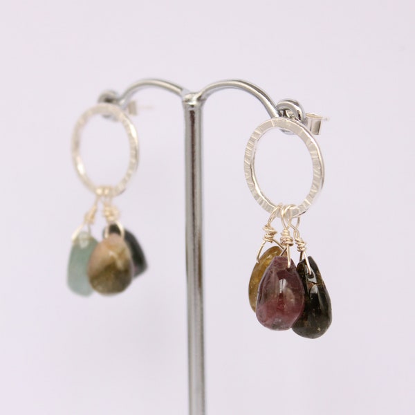 Tourmaline and silver dangle earrings, tourmaline earrings, tourmaline beads on halo studs, multi colour tourmaline jewellery, gift for mum