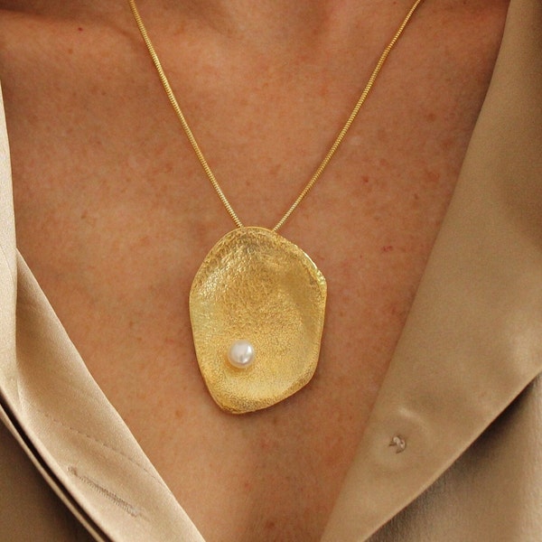 Gold pendant, textured gold and pearl pendant, vermeil pendant, gold on silver, organic style pendant, large gold pendant, unusual pendant