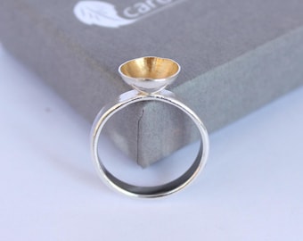 Gold and silver ring, gold cup ring, brushed gold ring, mixed metal ring, handmade silver ring, silver and gold, unique silver ring, size O