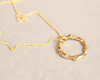 Gold pendant, gold necklace, gold twig pendant, gold wreath pendant, gold O ring pendant, vermeil pendant, gold on silver, organic pendant
