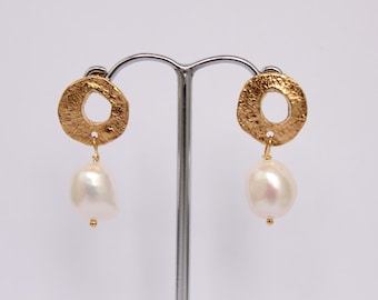 Gold and pearl earrings, vermeil and pearl, pearl drop earrings, textured gold,  pearl dangle earrings, gold on silver, artefact jewellery