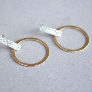 Gold and silver earrings, gold hoop earrings, mixed metal earrings, circle shape dangle earrings, brushed gold, textured hoop earrings