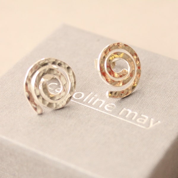 Silver swirl stud earrings, spiral stud earrings, spiral earrings, swirl earrings, hammered silver earrings, large silver stud earrings