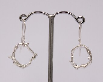 Silver twig earrings, fused silver, irregular earrings, mismatched earrings, ring shaped earrings, silver dangle earrings, unique earrings