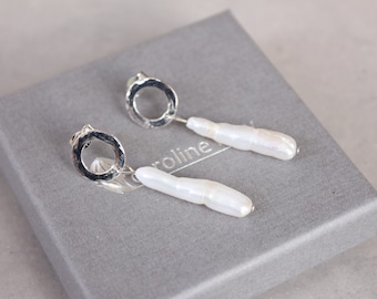 Stick pearl earrings, silver and pearl earrings, pearl dangle earrings, long thin pearl, pearl drop earrings, silver halo studs with pearl