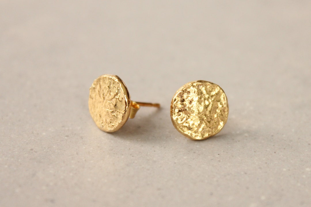 Gold Stud Earrings, Gold Coin Earrings, Textured Gold Earrings, Vermeil ...