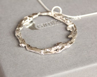 Silver twig pendant, fused silver necklace, silver ring pendant, silver wreath pendant, silver O ring pendant, unique silver pendant