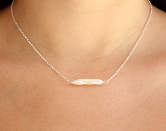 Pearl necklace, pearl choker, stick pearl and silver necklace, wedding necklace, pearl and chain choker, single pearl necklace