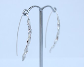 Silver twig earrings, organic form threader earrings, organic texture, fused silver earrings, twig threader earrings, recycled silver