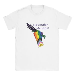 Lavender Menace - LGBTQIA+ illustration by Ali Laura  on Classic Unisex Crewneck T-shirt | Gildan® 64000 White