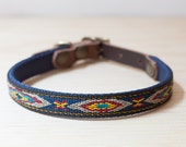 Thin Custom Leather Blue Yellow Dog Collar. Navajo Navy 1 2 quot