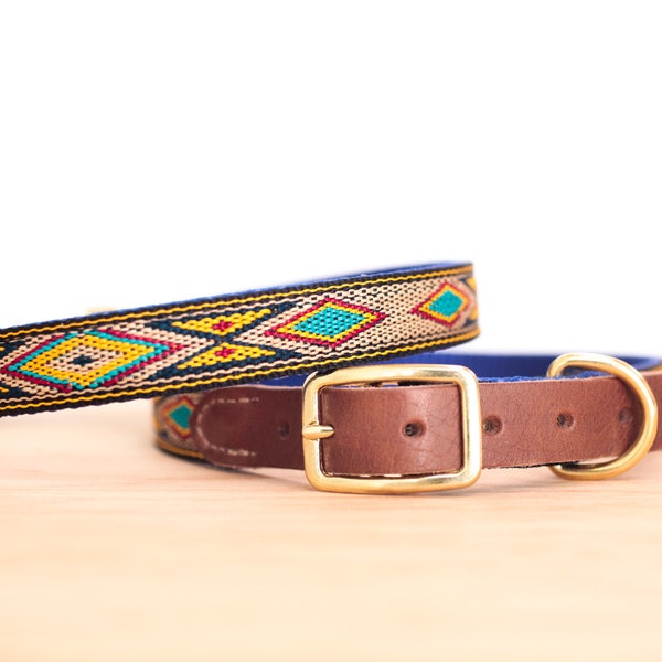 Custom Leather Blue/Yellow/Sand Dog Collar. Navajo Turquoise 3/4"
