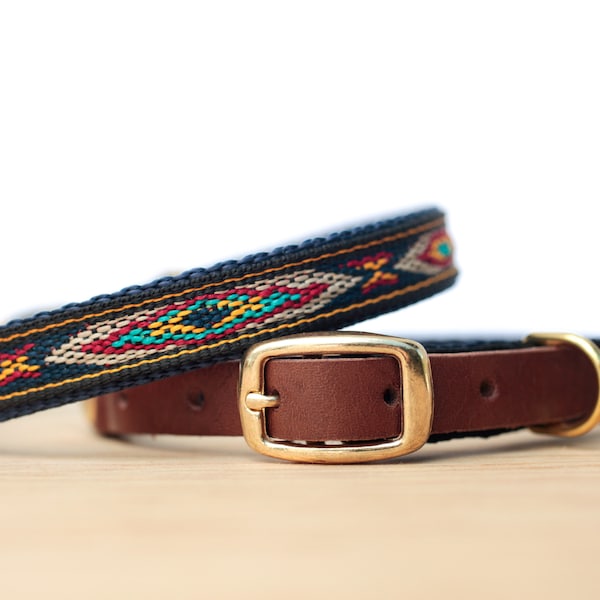 Thin Custom Leather Blue/Yellow Dog Collar. Navajo Navy 1/2"