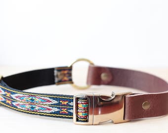 Blue/Yellow Wide Vegetable Tanned Leather Dog Collar with Metal Side Release Buckle - Nav Navy 1"