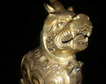 Foo Dog dragón unicornio Royal Incense quemador viejo latón pesada estatua vintage