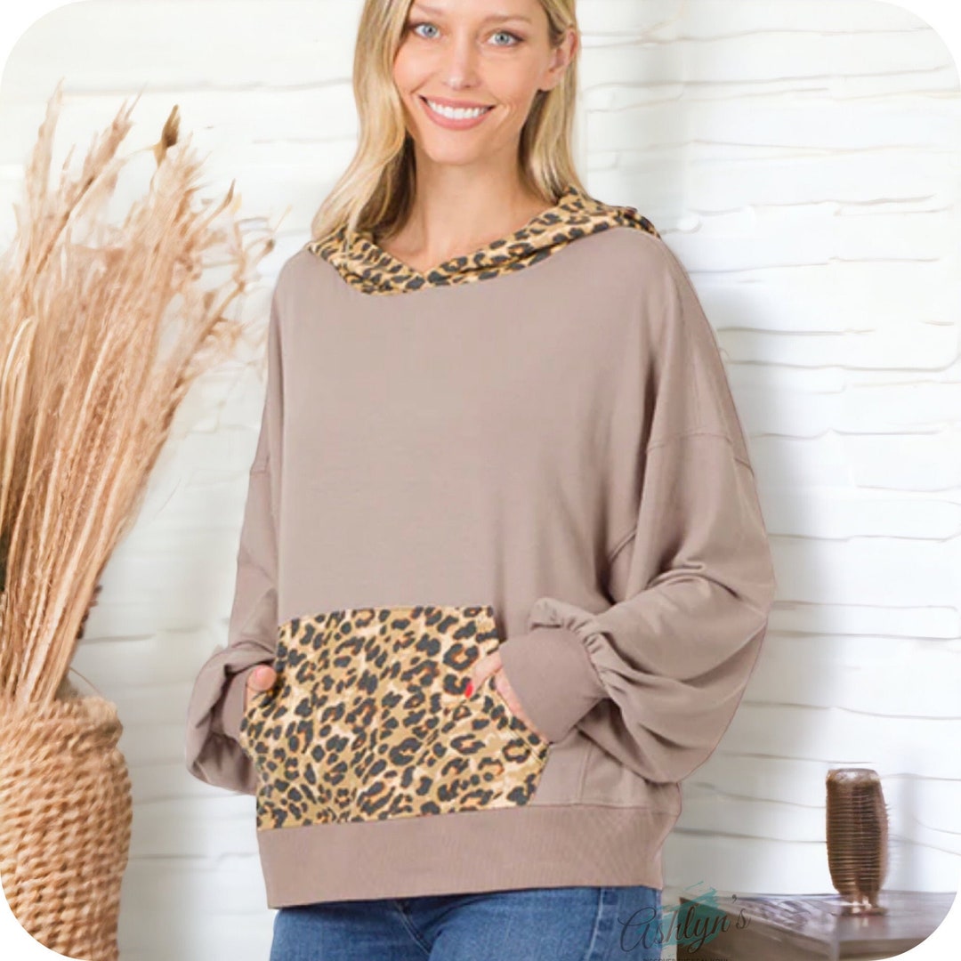 Adorable Me Zenana Ash Mocha Leopard Hooded Sweater Top-sweatshirt - Etsy