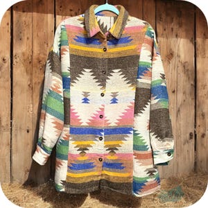 Tribal Aztec Print Shacket: Pink Brown Button-Down Relaxed Fit Women’s Jacket-Outerwear