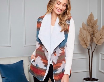 Sherpa Lined Aztec Sweater Vest - Tribal Jacket Coat