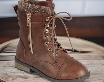 Cozy Cute Pepper Trim Brown Combat Boots