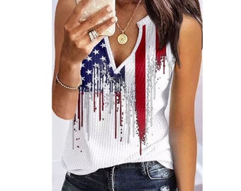 Ashlyn’s V Neck American Flag Ivory Top-Sleeveless Tank Top