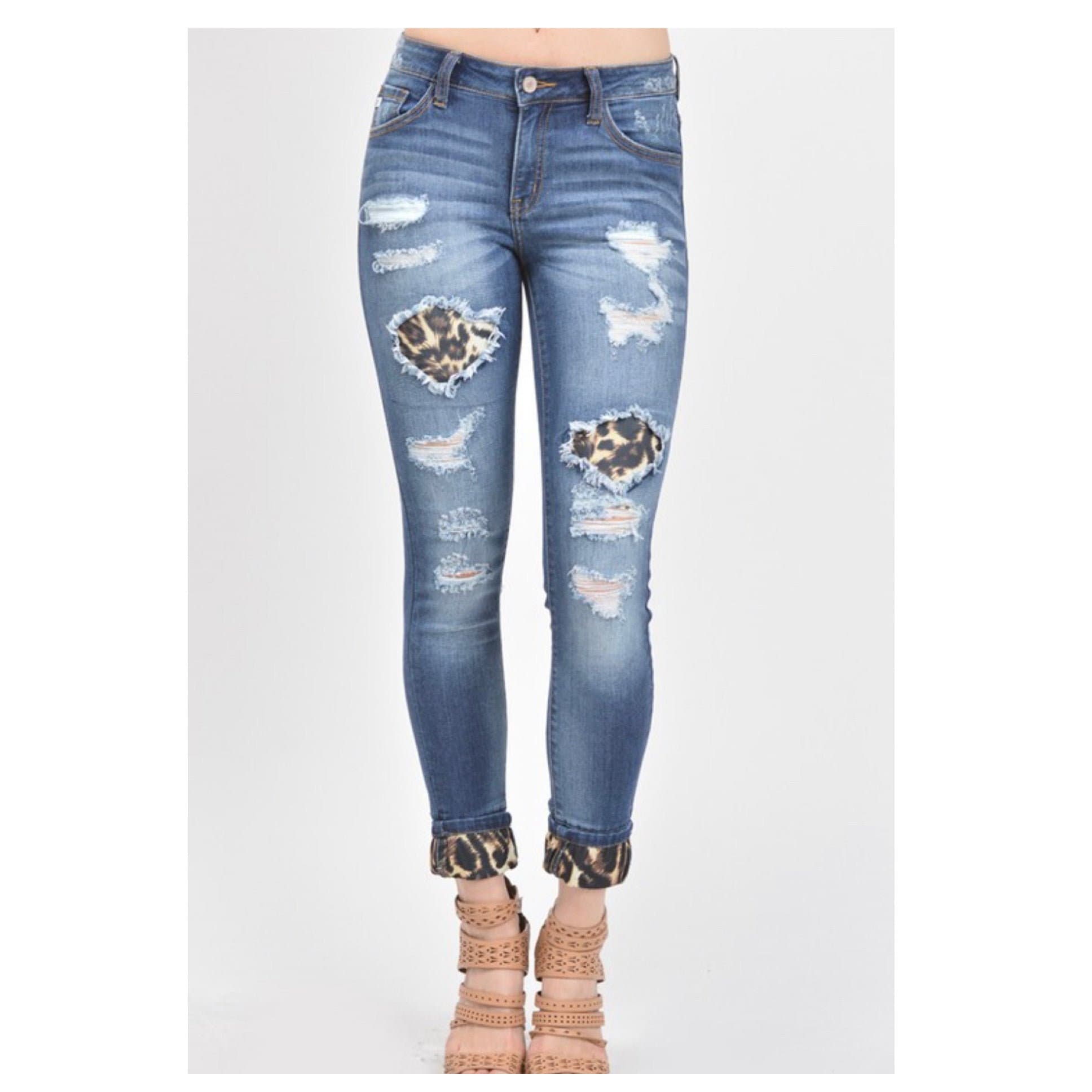 Mid Rise Destroyed Leopard Patch Denim 