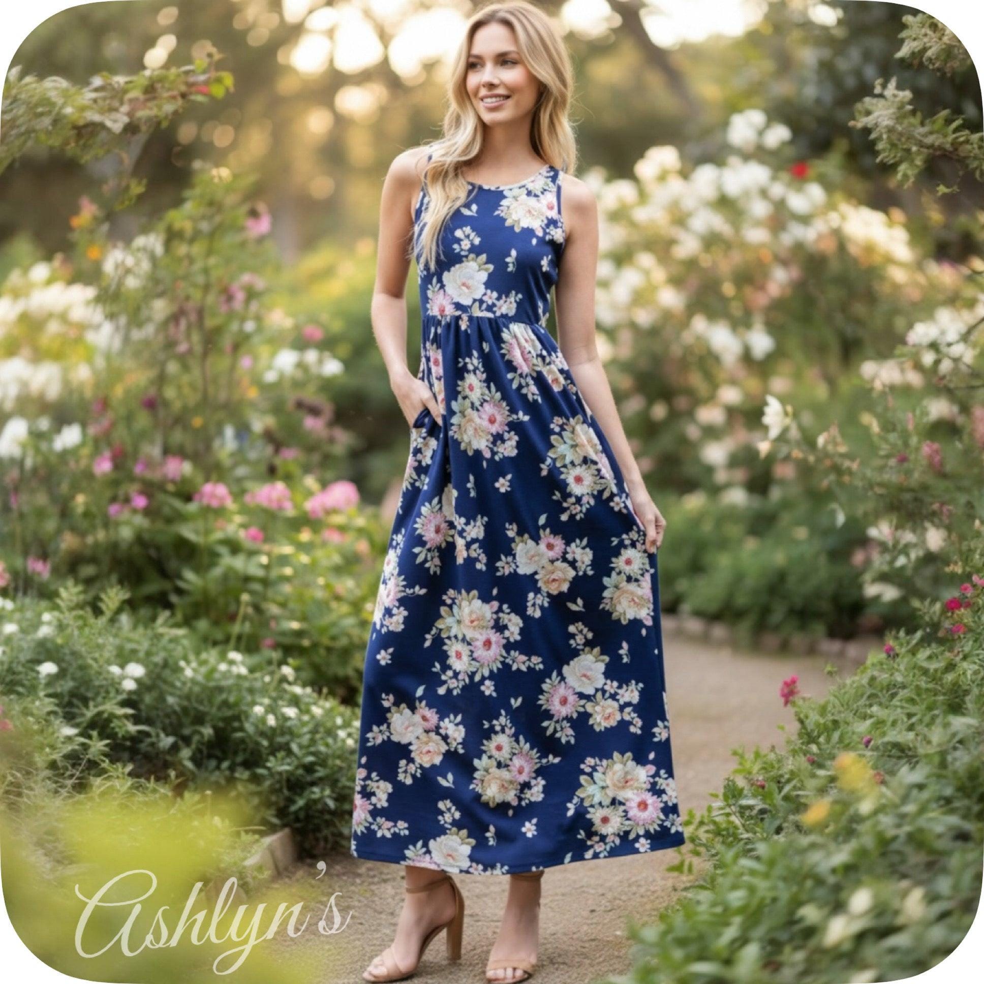 Robe Longue Fluide Bleu Marine Imprimé Fleuri Taille 14 – Sans Manches – Occasion