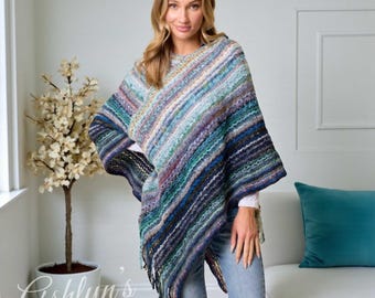 Casually Classy Multi Blue Color Mix Hooded Knit Poncho-Sweater