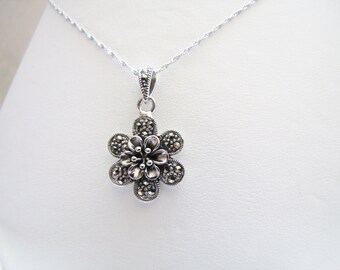 Danity Plum Blossom Pendant - Sterling Silver Choker Necklace - Swiss Marcasite - Sterling Silver Pendant - Twist Chain 18"