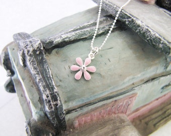Kid's Sterling Silver Choker,  Enamel Flower Pendant Necklace, Sterling Silver Pendant, Kid's Sterling Silver Necklace, Kid's Gift