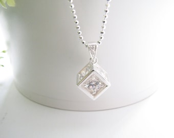 Stunning Swarovski Crystal Pendant Choker, Sterling Silver Necklace, Cubic box Pendant with Crystal Sparkling From Every Side