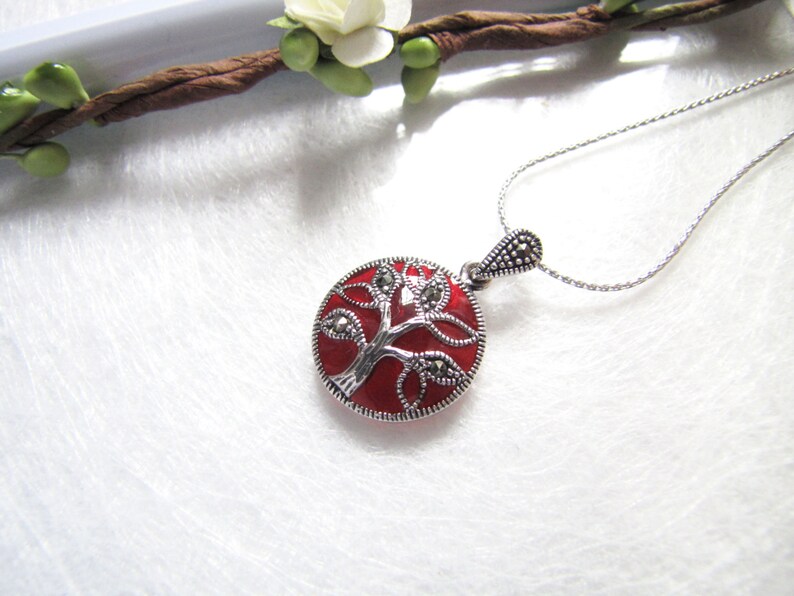 Family Tree French Enamel Sterling Silver Pendant Choker French Enamel Pendant Gift to Mum Marcasite Pendant Sterling Silver Pendant