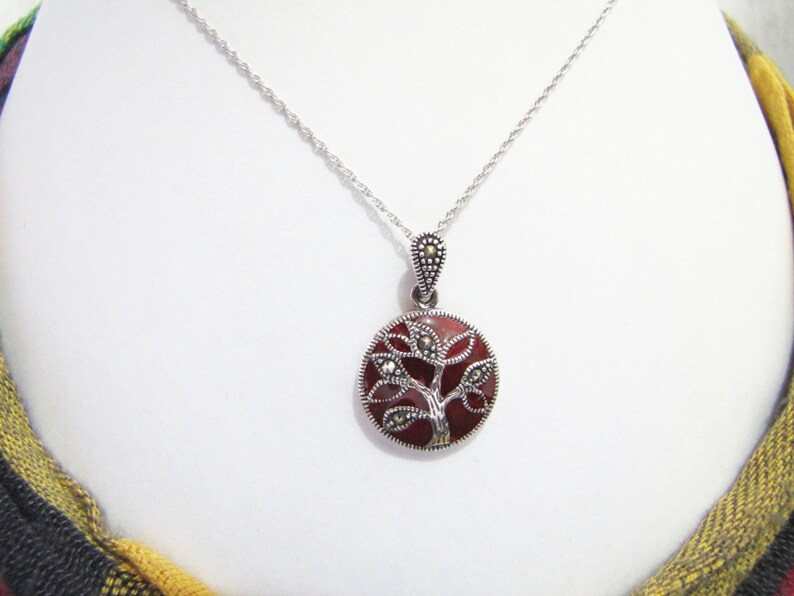 Family Tree French Enamel Sterling Silver Pendant Choker French Enamel Pendant Gift to Mum Marcasite Pendant Sterling Silver Pendant