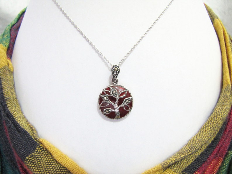Family Tree French Enamel Sterling Silver Pendant Choker French Enamel Pendant Gift to Mum Marcasite Pendant Sterling Silver Pendant