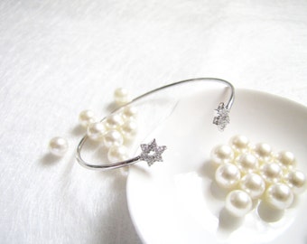 Stunning Star of David Sterling Silver Bangle, Silver Bracelet, Sparkling Cubic Zirconia Bangle, Adjustable Bangle, Everyday Jewelry