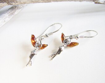 Little Angel Baltic Amber Earrings, Poland Baltic Amber, Lovely Crafted Honey Amber Earrings, Inclusion Fossil, Sterling Silver Earrings