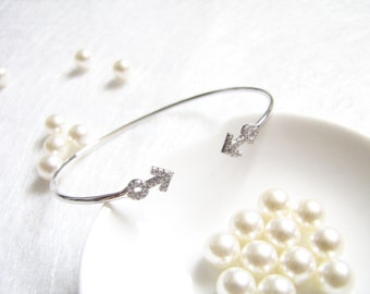 Symbol of Mars Sterling Silver Bangle, Silver Bracelet, Sparkling Cubic Zirconia Cuff, Adjustable Bangle, Everyday Jewelry