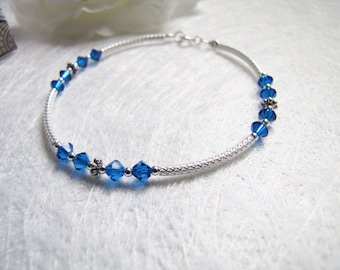 Cute Sterling Silver Bracelet, Nicely Faceted Blue Crystal Glass Beads, Sterling Silver Bangle, Simple is Beauty, Everyday Jewelry