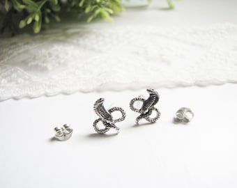 Delicately Crafted Stud Earrings, Sterling Silver Earrings, Ear Stud, Oxydised Snake Earrings, Unisex Post Earrings, Gift for Her or For Him